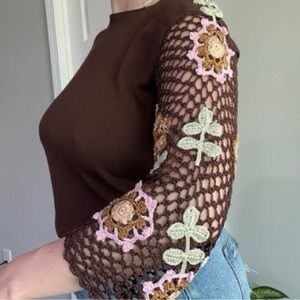 Y2K Brown Boho Cute Crochet Sleeve Top Size Large
